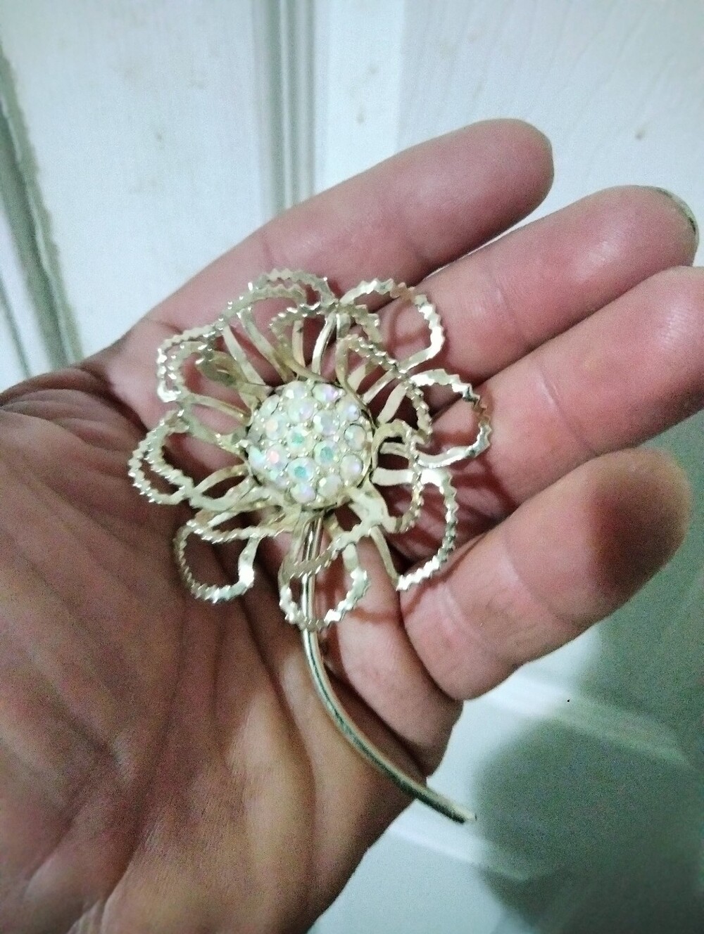 Gold Floral Brooch with Opal-Like Crystal Center - Brand